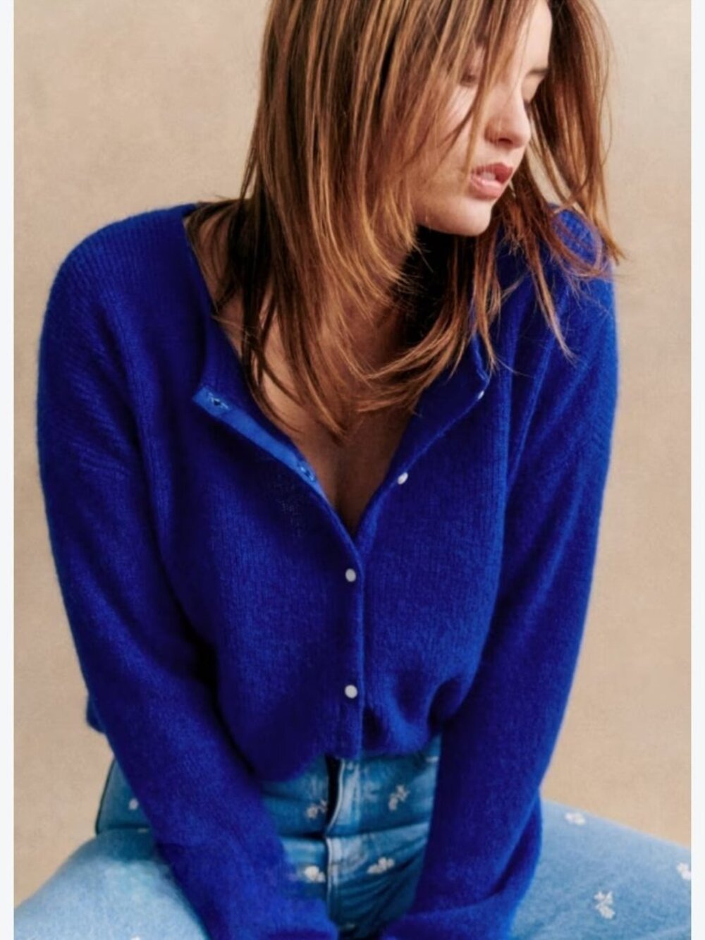 Sezane Mohair & Alpaca Blend Cobalt Blue Button Cardigan Sweater Size Med NWOT